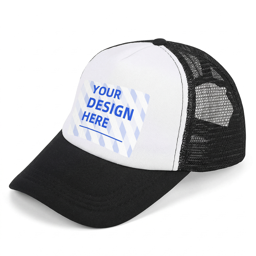 An angled profile of a custom trucker hat featuring a white foam front panel, a black mesh back, a curved black bill, and a rectangular patch with a blue patterned design and the text 'YOUR DESIGN HERE'.