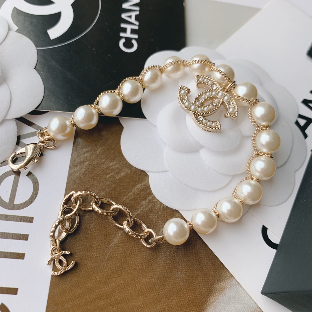 Chanel Light Gold Chain Wrap Pearl Bracelet with CC Charm - Original Replica Club