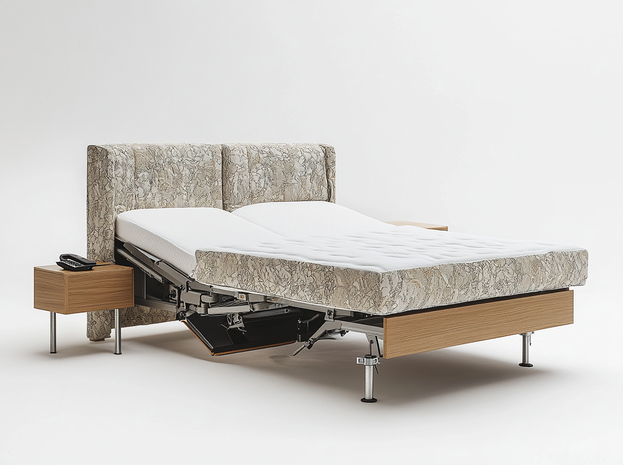 Cama articulada tapizada para habitación moderna con base de madera