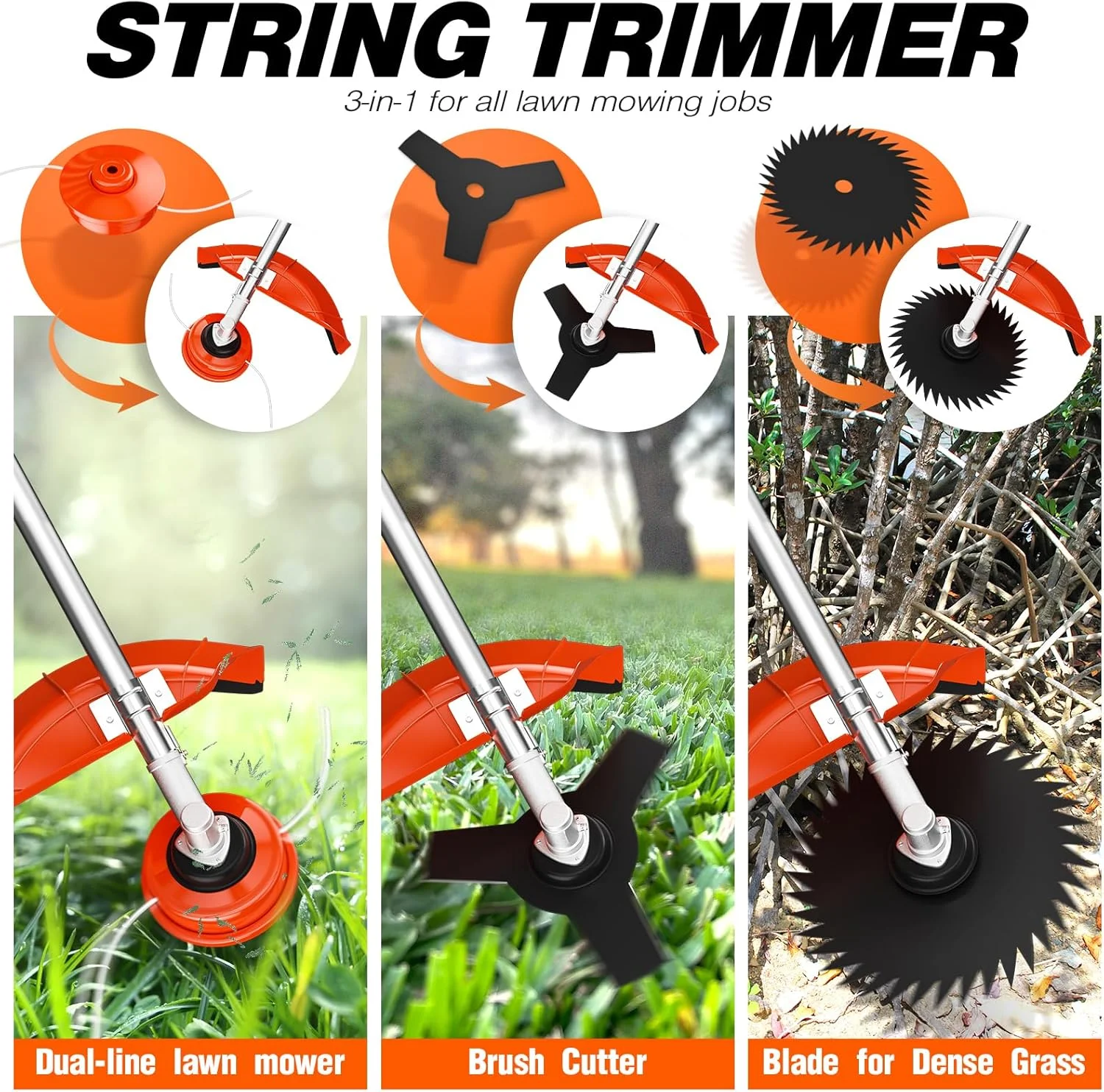 Datingday 52CC Orange Gas Weed Wacker, 2-Stroke Weed Eater Gas Powered, 6-in-1 Gas Hedge Trimmer, Gas Brush Cutter, Gas String Trimmer, Pole Saw with Extension Pole - Image 3