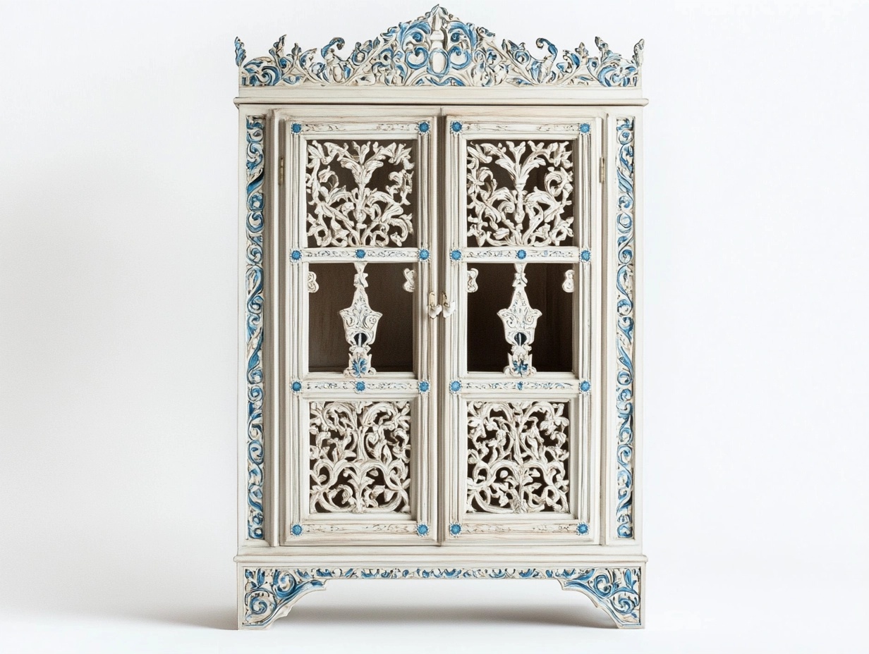 Armario oriental blanco y azul de madera tallada para sala con diseño vintage 120x50x180 cm con puertas decorativas XQ8652182