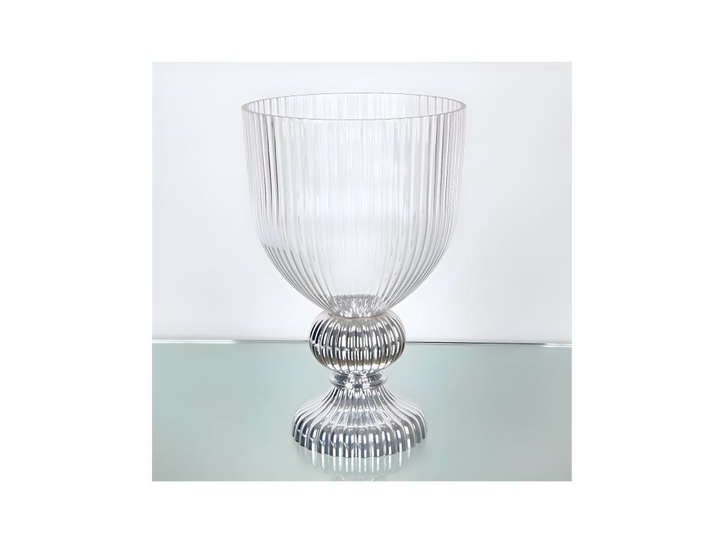 Jarron de cristal transparente tallado con base plateada silvester