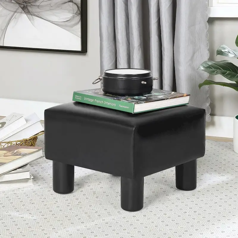 Square Footrest Stool with Upholstered Seat and Wooden Legs