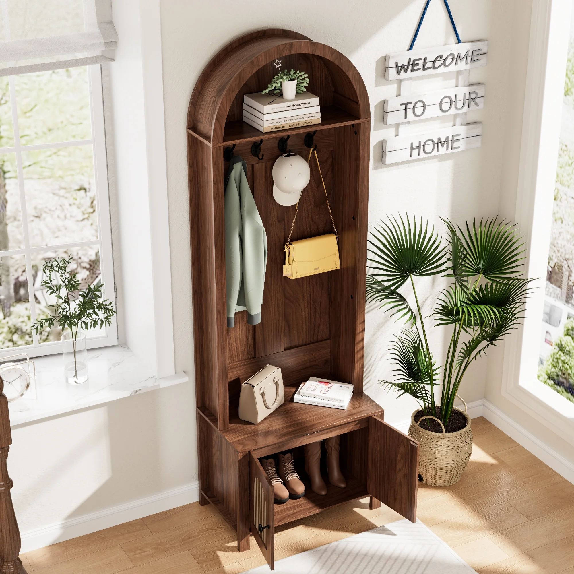 LUCKYELF Hall Tree with Shoe Storage, Entryway Bench with 4 Hooks and 2 Doors, Arch Coat Rack Cabinet for Hallway - Image 7