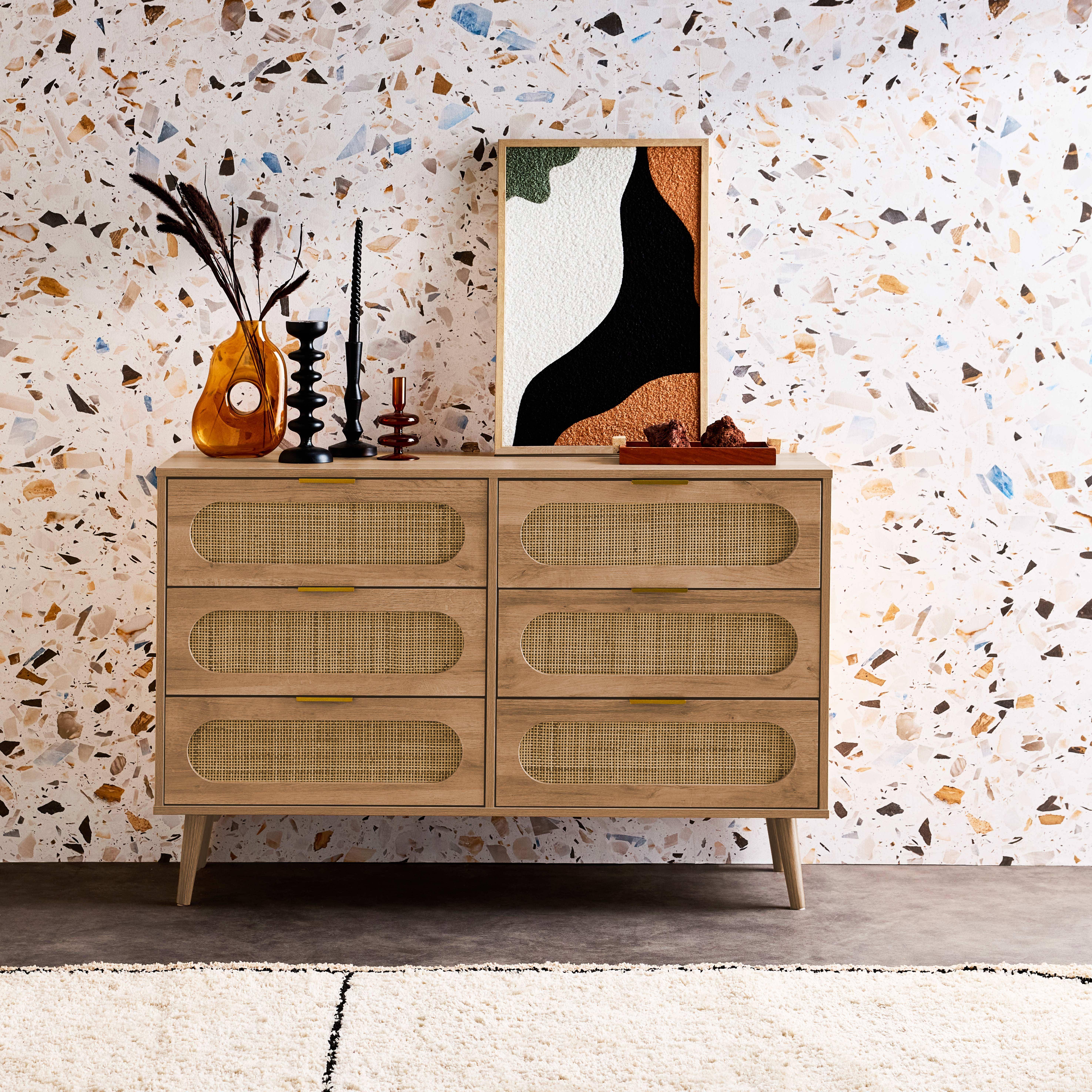 Eva - Cómoda de madera y caña redondeada, 6 cajones