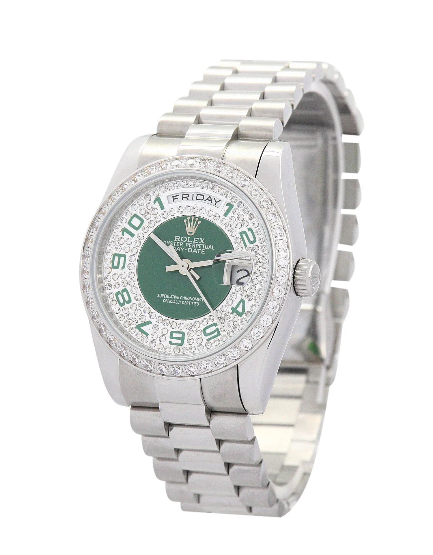 Rolex Day-Date 36mm Green and Silver with Diamonds Dial 118346