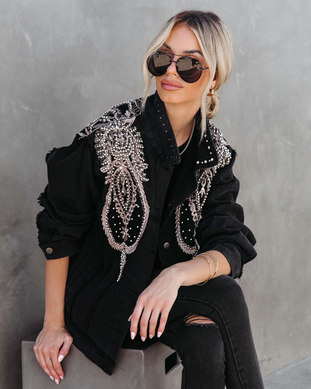 PREORDER - Glam Rodeo Pocketed Studded Embroidered Jacket - Black - Se7enfashion