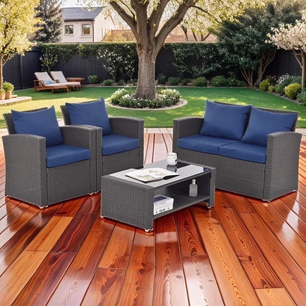 4 Pieces Patio Conversation Set, Outdoor Furniture Set with Cushion, Outside Sectional Rattan Wicker Sofa Furniture Set for Garden, Porch, Backyard, Gray - Image 3