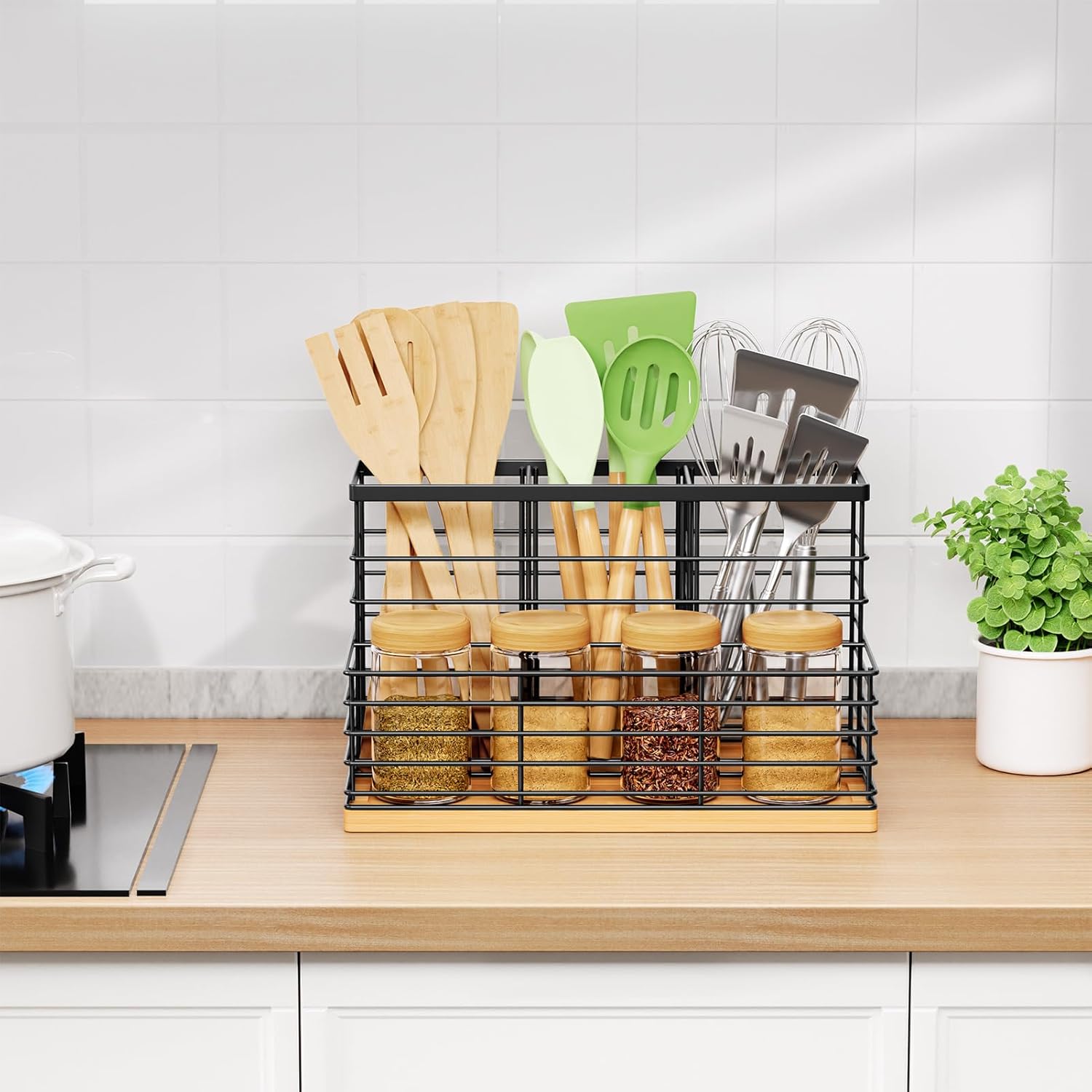 VITVITI Kitchen Utensil Holder for Counter, Large 4 Compartments Metal Bamboo Utensil Organizer, Farmhouse Cooking Utensils Holder Caddy for Countertop, Black