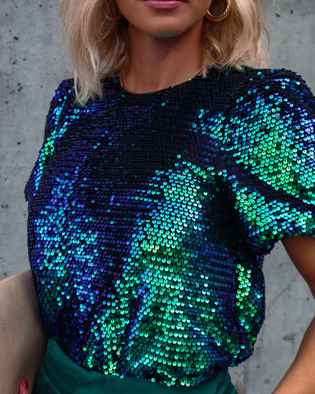 Tinsel Queen Sequin Puff Sleeve Top - Green - Se7enfashion