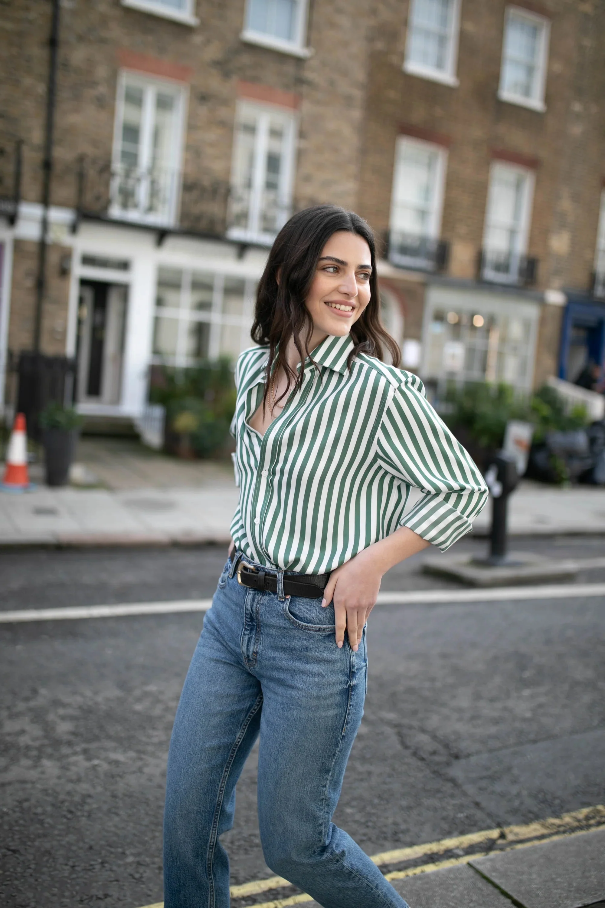 The Boyfriend: TENCEL™ Lyocell, Forest Green Stripe