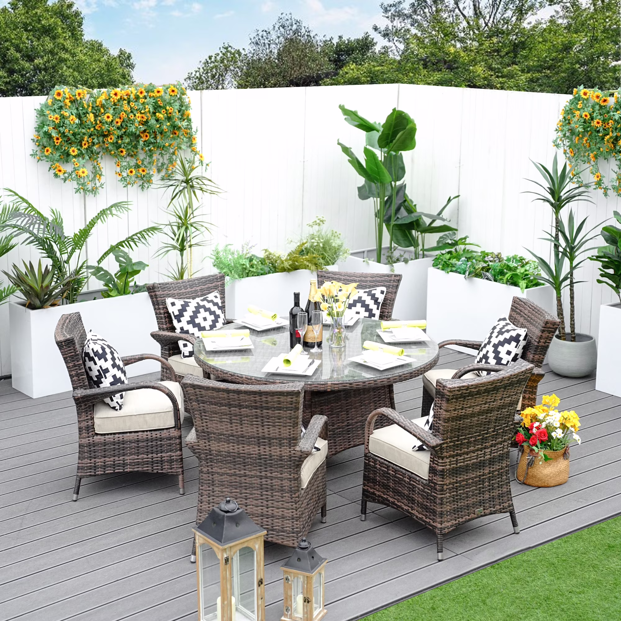 Direct Wicker 7 Piece Patio Dining Set with Rattan Chairs and Cushions, Grey