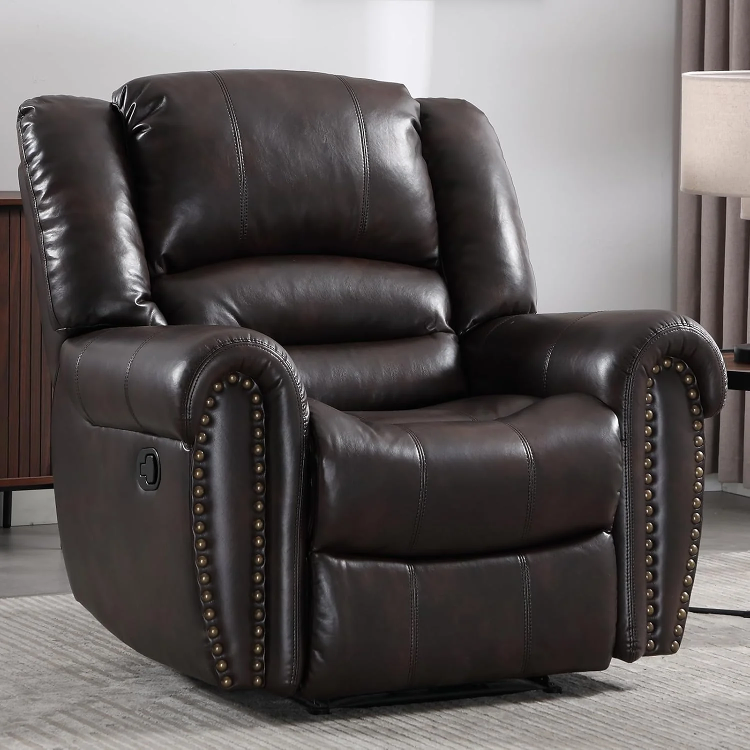 CANMOV Leather Recliner Chair, Classic and Traditional Manual Recliner Chair with Comfortable Arms and Back Single Sofa for Living Room, Nut Brown