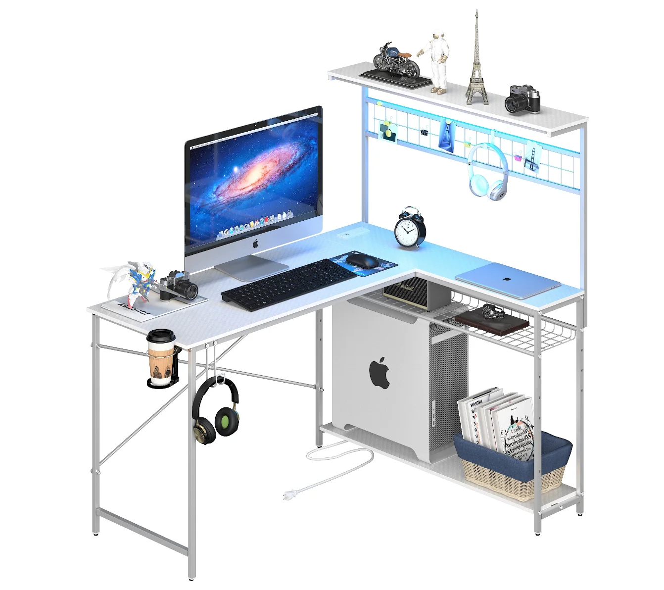 Bestier 51 L Shaped Gaming Desk with Power Outlets & LED Light, Computer Desk with 4 Tiers Shelves for Home Office, Reversible Gamer Table with Hooks and Cup Holder, Carbon Fiber - Image 18