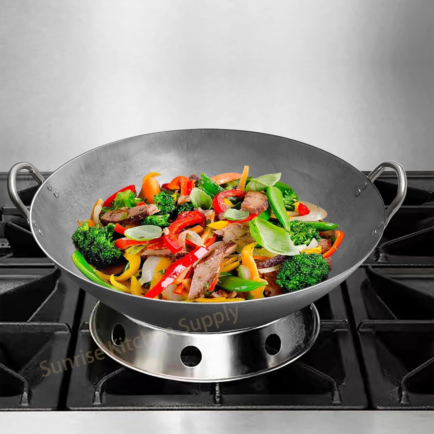 SUNRISE Kitchen Supply Heavy Duty Hong Kong Style Carbon Steel Wok (Round Bottom) 15