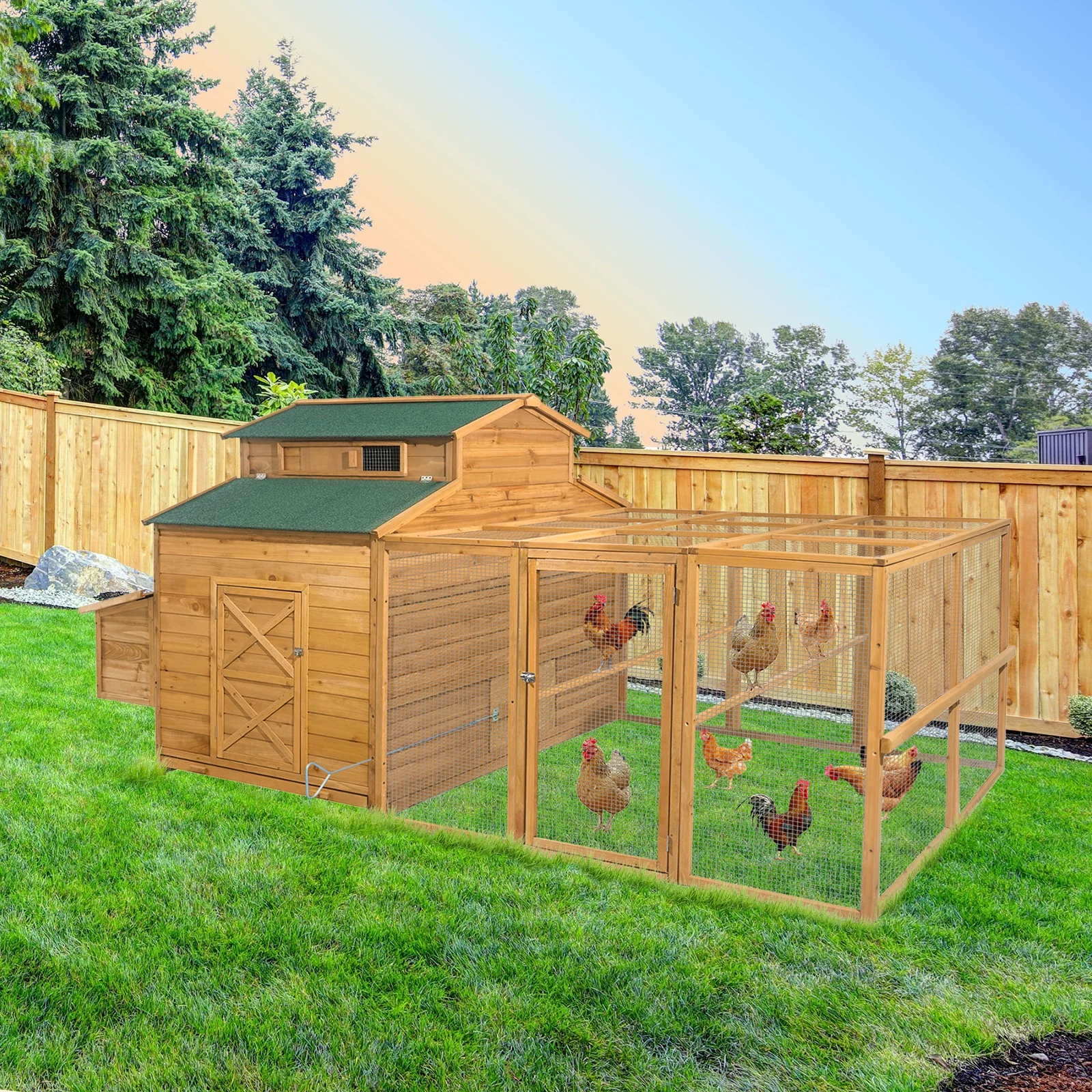 Chicken Coop for 6-10 Chickens, 112" Extal Large Chicken Coops, with Chicken Run & Nesting Box & Secure Enclosure, Outdoor Wooden Hen House Hutch for Rabbit, Poultry Pet, Duck - Image 14