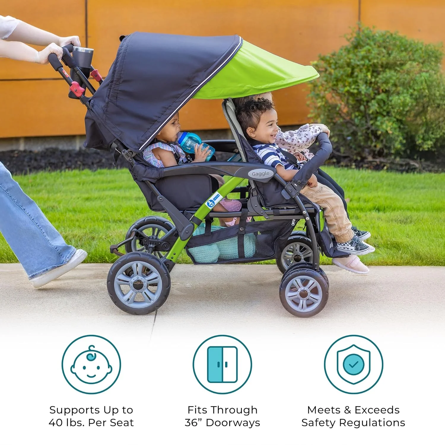 Compass Quad 4 Seat Stroller | 4-Seat Stroller for Daycare | Oversized UV Blocking Canopy | 5-Point Harness | Easy Loading | Storage Bucket | Teal