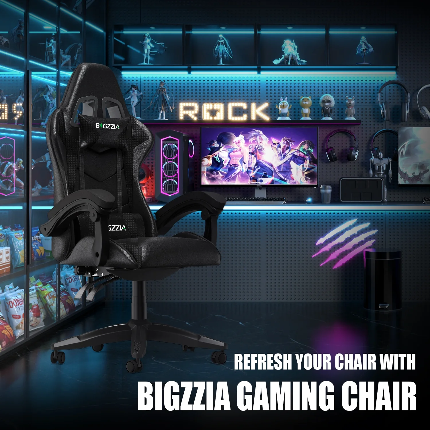 Bigzzia Gaming Chair Office Chair, Ergonomic Game Chair with Height Adjustable Headrest and Lumbar Support for Adults Teens, Black & White - Image 88