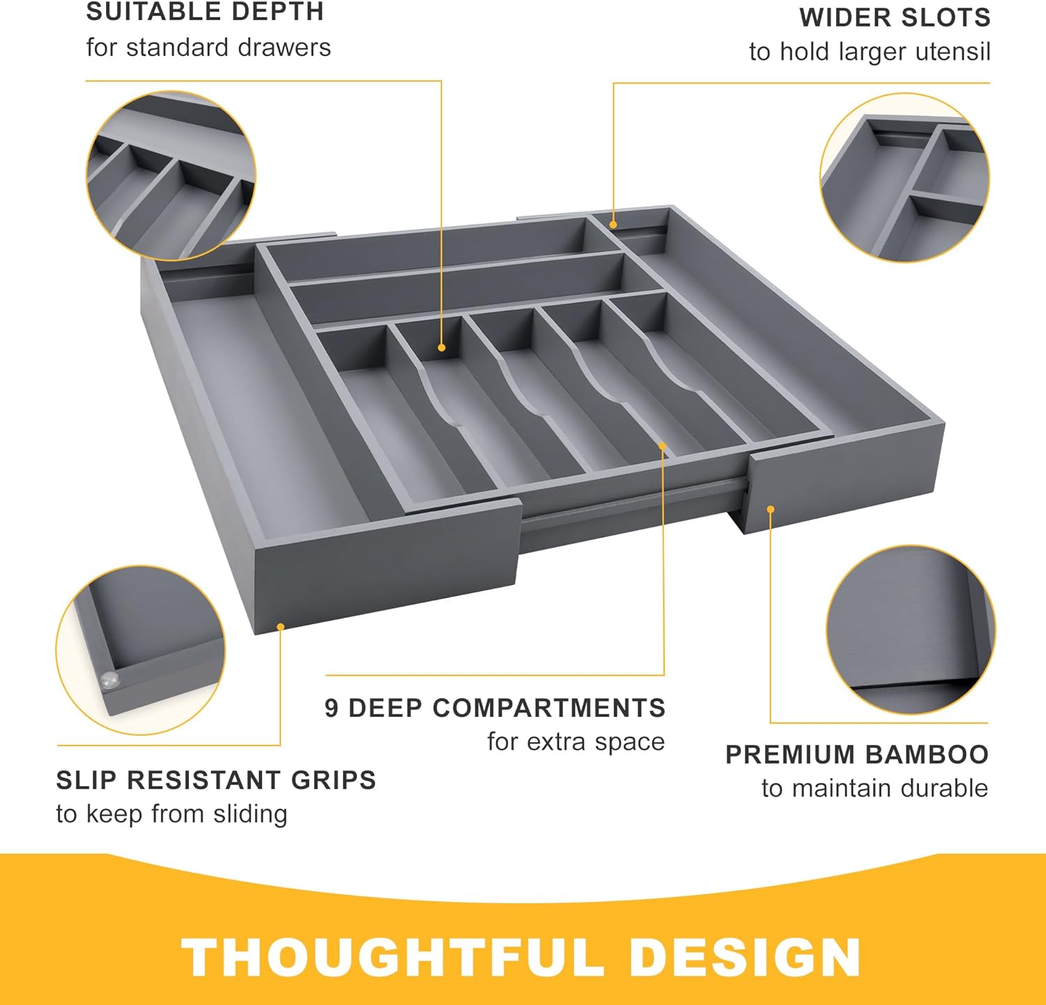 Large Premium Bamboo Silverware Organizer - Expandable Drawer Organizer & Utensil Organizer - 17