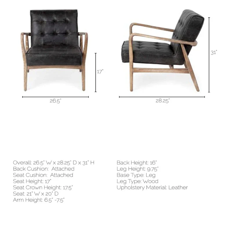 Phineas Black Genuine Leather Accent Chair with Brown Solid Wood Frame