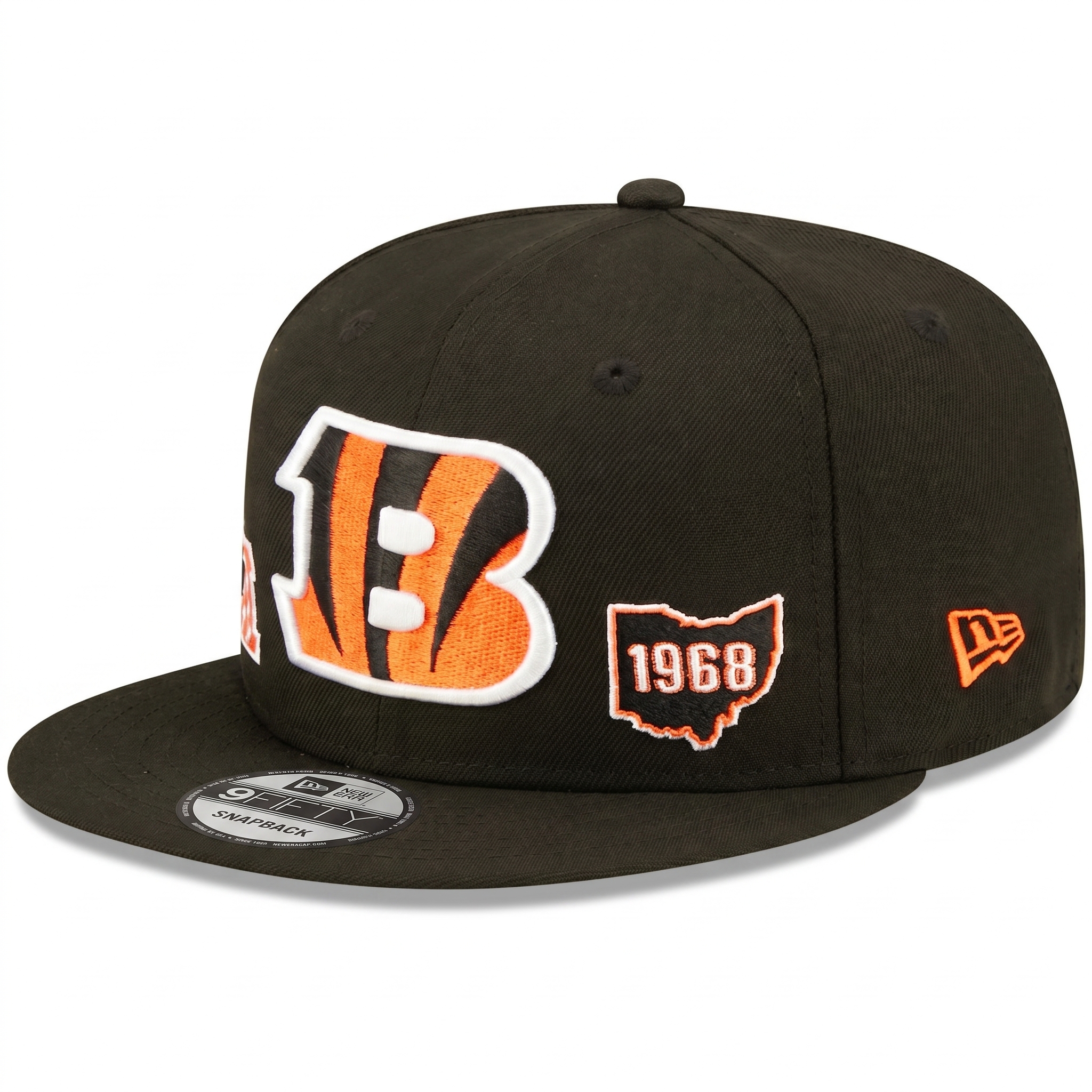 Vibrant orange undervisor of the Cincinnati Bengals snapback hat featuring embroidered Cincinnati script, Bengals text, and team helmet logo.