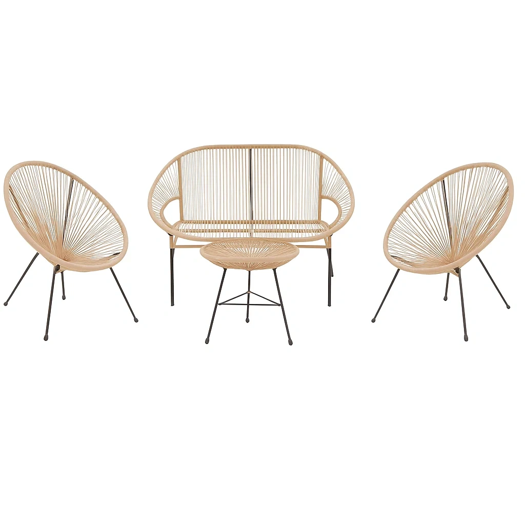 Conjunto de jardín de metal: 1 banco de 2 plazas, 2 sillones y 1 mesa baja,cuerda beige y estructura negra - HPKupMO207sZ