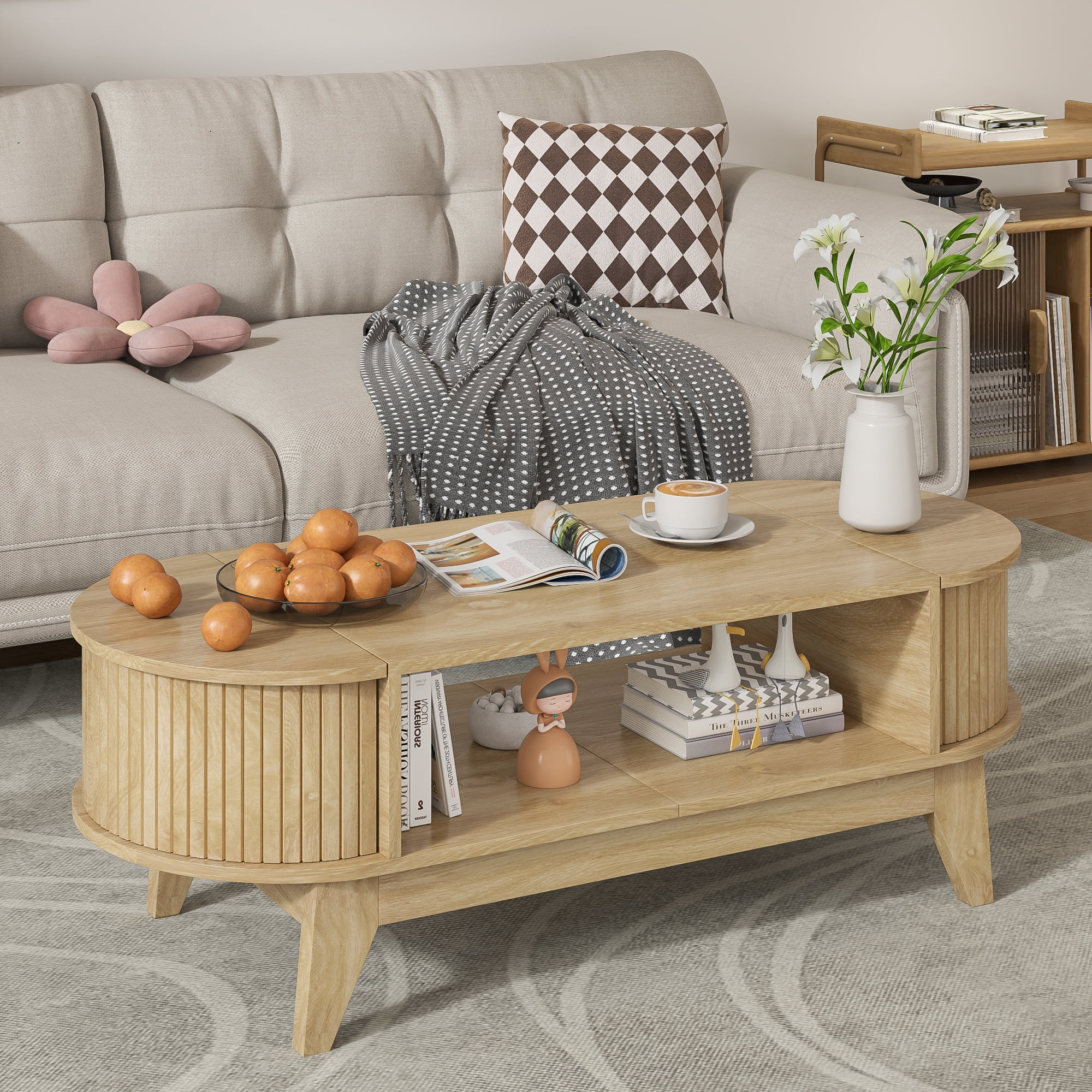 Fluted Coffee Table with Storage, Modern Coffee Tables, Wood Accent Center Table - Image 2