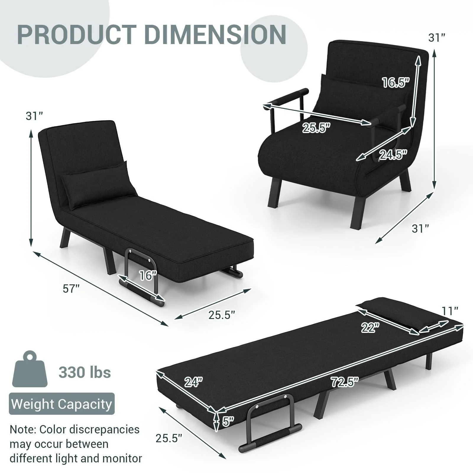 Giantex Convertible Sofa Chair Bed, Leisure Recliner Sleeper w/ 6 Adjustable Position Backrest into Lounge Seat, Folding Sofa Bed w/High Elastic Sponge, Durable Steel, Ideal for Home, Office (Black) - Image 3