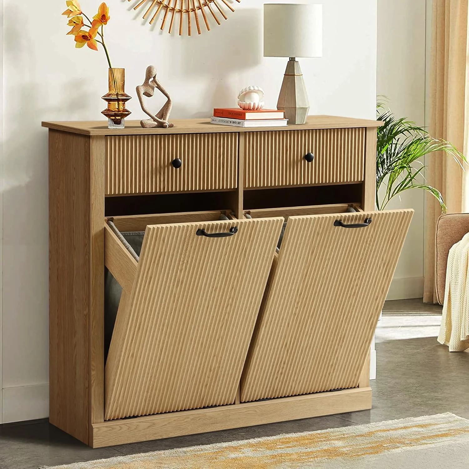 Haverchair Double Tilt Out Laundry Hamper Cabinet, Modern Fluted Trash Can Cabinets with Drawer, Wooden Hidden Garbage Cabinet for Kitchen and Bathroom - Image 7