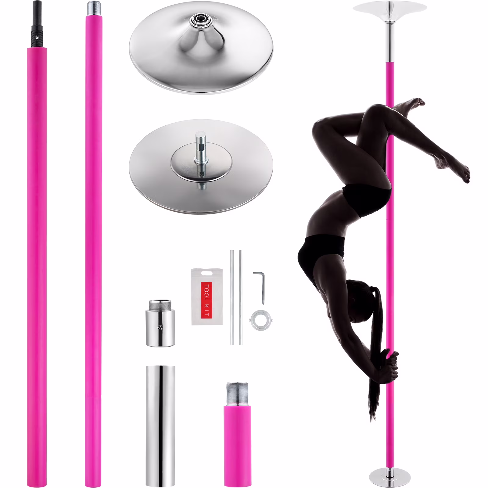 KFFKFF Expert Dance Pole, Rotating and Stationary Dance Pole Set, Detachable Portable Pole, 45mm Robust Stainless Steel Pole, Fitness Pole with Adjustable Height, Suitable for Workout Home, Silver
