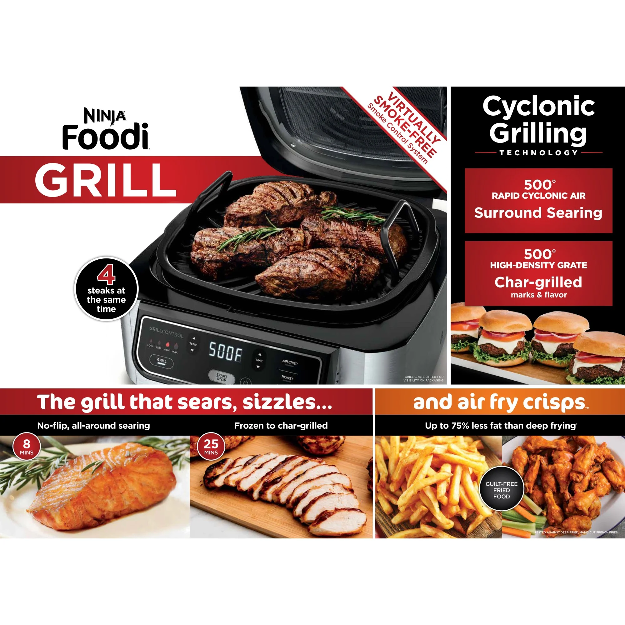 Ninja Foodi 4-in-1 Indoor Grill with 4-Qt Air Fryer, Roast, Bake, & Cyclonic Grilling Technology, Black/Stainless - Image 7