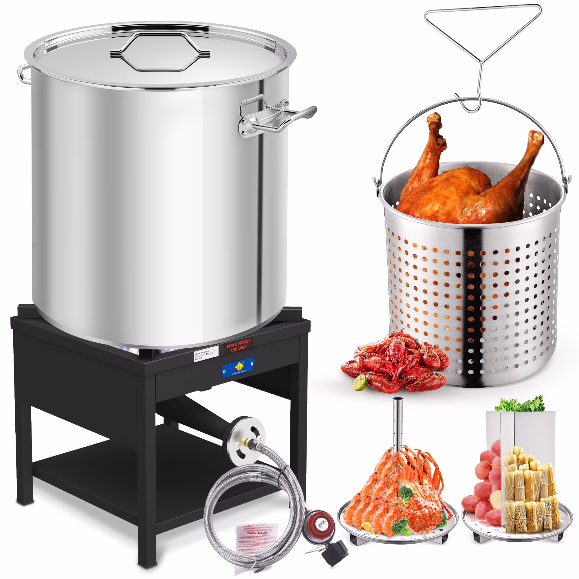 100QT Seafood Boiling Kit, 200, 000BTU Propane Burner and Stainless Steel Crawfish Boil Pot W/Basket and Steamer Rack, for Outdoors Cooking and Steaming, Large Turkey Fryer Pot, Lobster Shrimp Pot