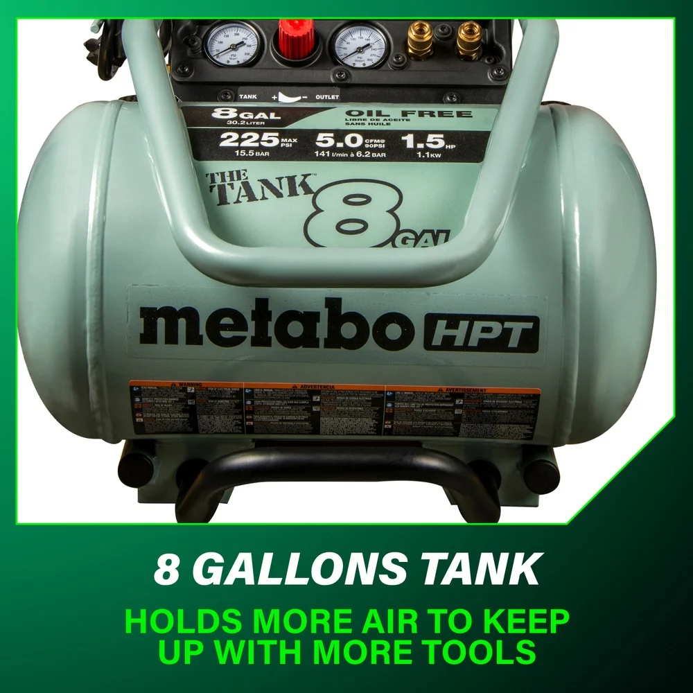 Metabo HPT Air Compressor, THE TANK, 8-Gallon Trolley Air Compressor, 225 PSI, Versatile for Use with Framing, Siding, Finish, or Roofing Nailers, Easy Mobility with Rubber Tires, EC1315S - Image 8