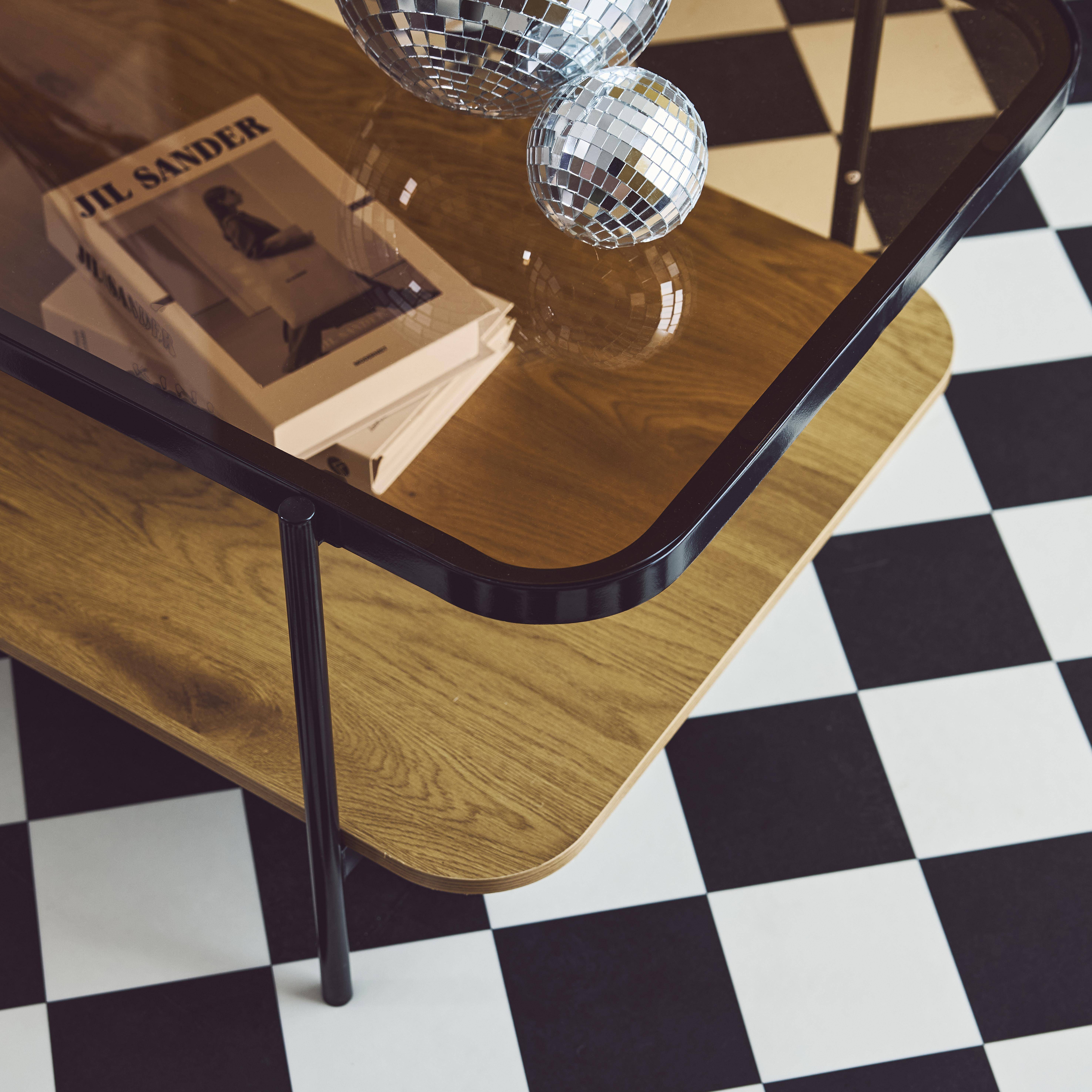 Smooky - Mesa de centro vintage de metal negro con tapa de cristal y decoración de madera