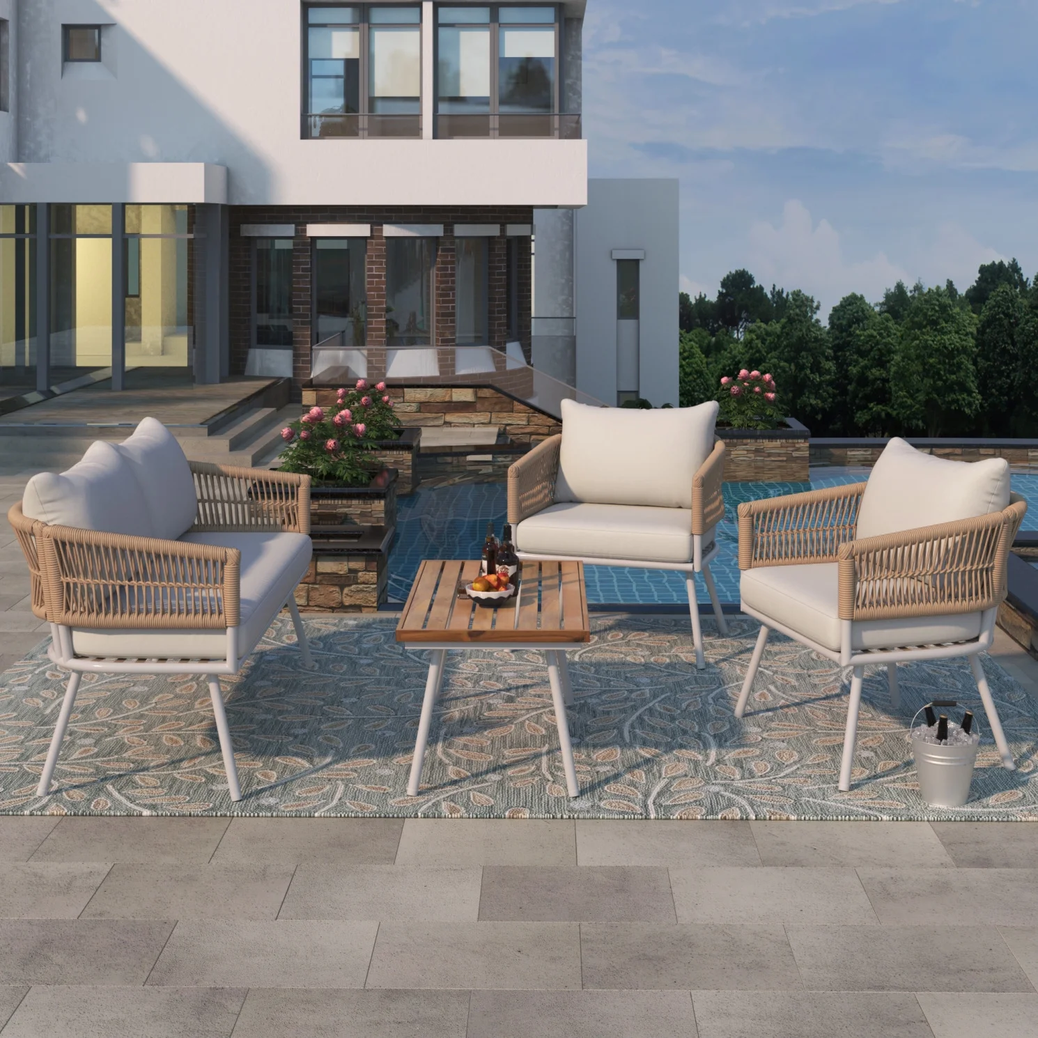 4-Piece Rope Patio Furniture Set with Ajustable Feet, Boho Rope Outdoor Conversation Set with Wood Table, Sofa Seating Set with Thick Cushion for Backyard Lawn Garden, Beige - Image 3