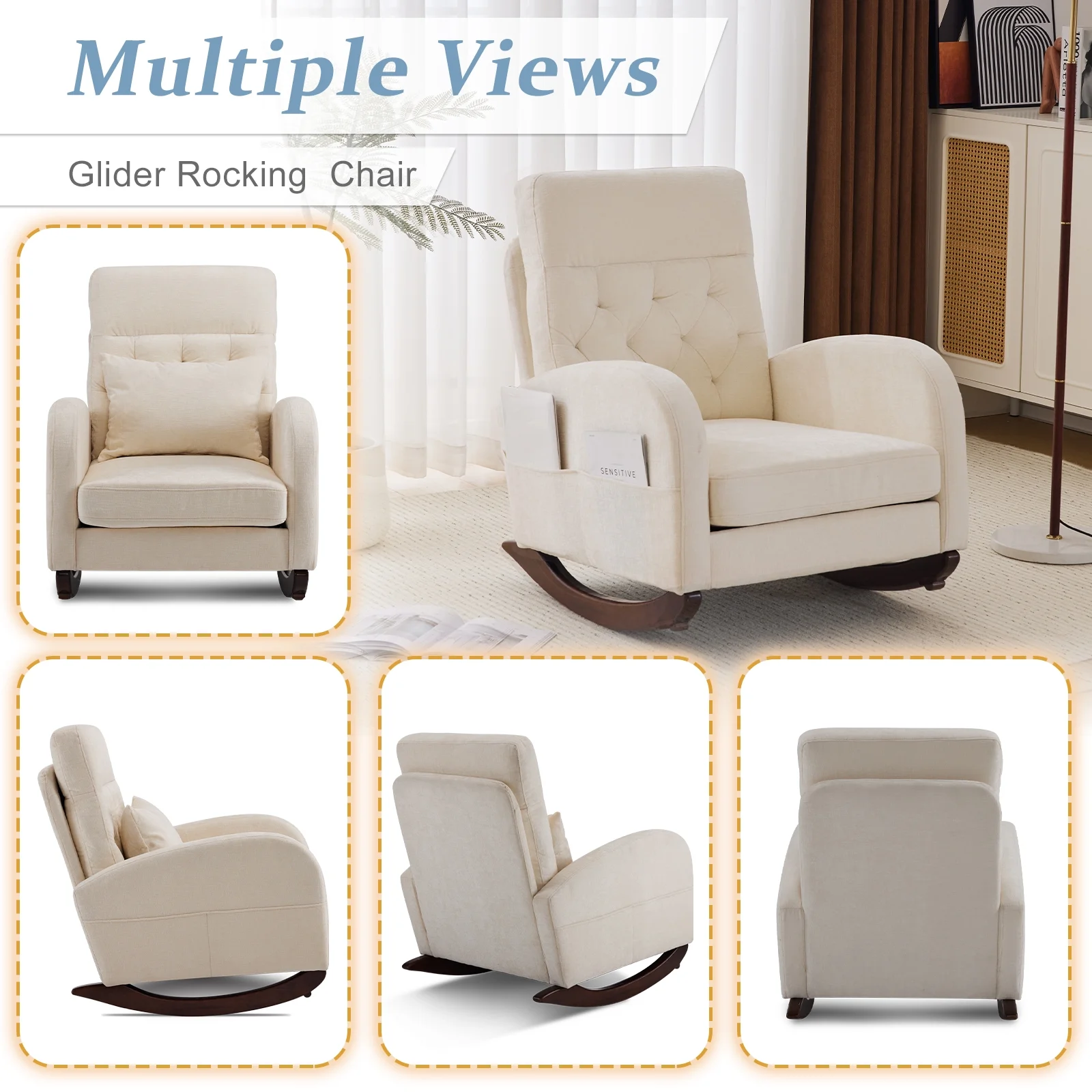 Ktaxon Rocking Accent Chair Glider Reading Chair Comfy Teddy Velvet Upholstered Single Sofa Rocker for Living Room, Nursery, Bedroom Beige - Image 30