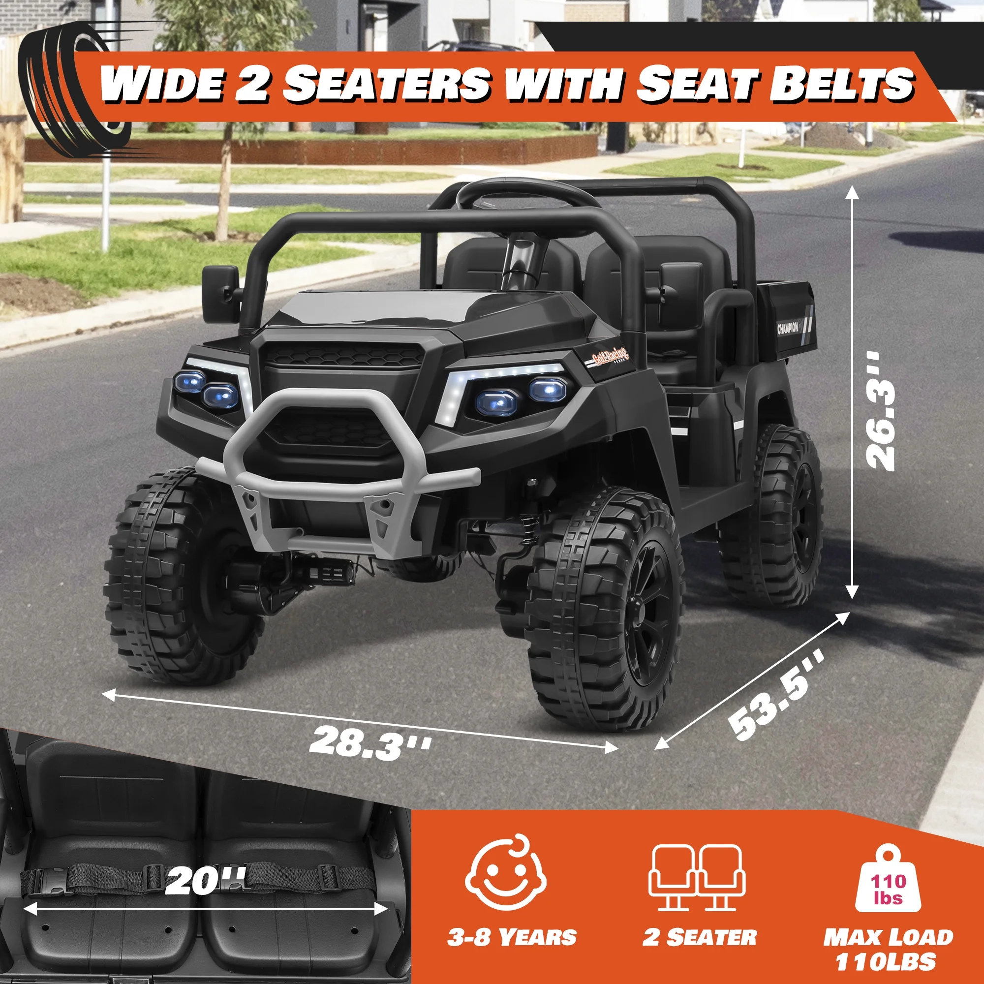Joyracer 4WD 24 Volt Ride on Toys UTV with 2 Seater & Remote Control, Kids Electric Golf Cart w/ 4x200W Power Motors, Tiltable Trailer & Shovel, 4 Wheels Spring Suspension, Bluetooth USB Music, Black - Image 6
