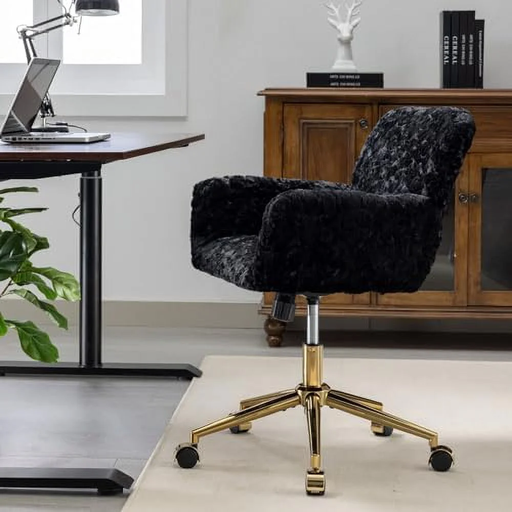 Fluffy Desk Chair,Height Adjustable Vanity Chair with Wheels,Comfortable Faux Fur Desk Chair with goldenn Base, Arm Chair for Bedroom,Living Room,Vanity,Office - Image 15