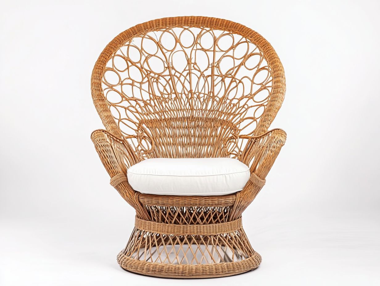 Sillón de ratán natural estilo trono con cojín blanco