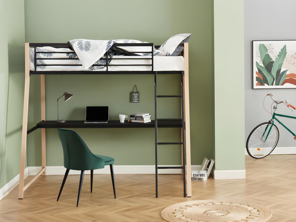Cama alta MALICIA - 90 x 190 cm - escritorio - Negro y roble