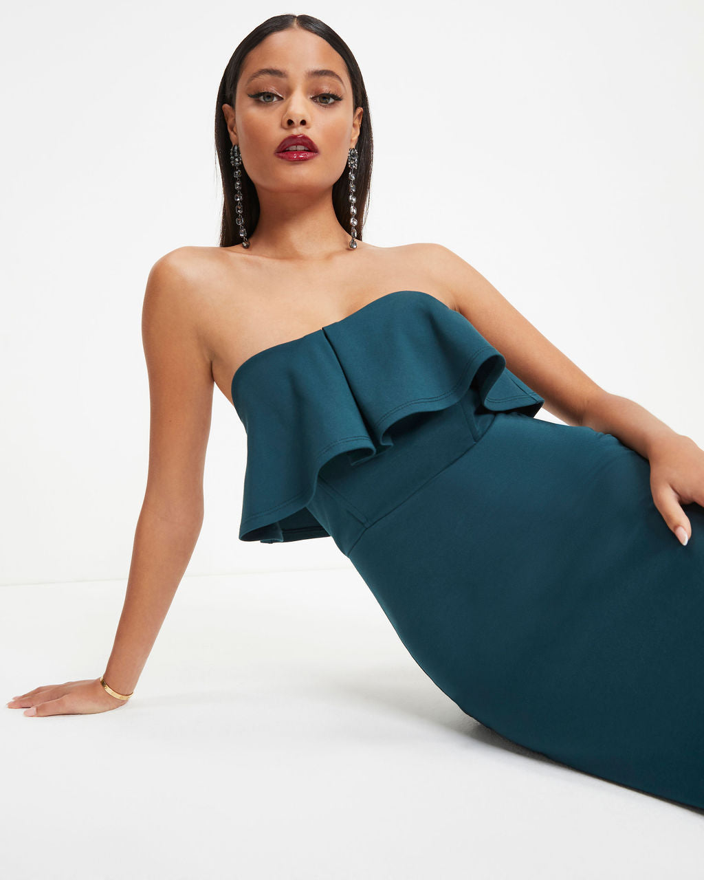 Cheers To The Night Strapless Ruffle Midi Dress - Dark Teal - Se7enfashion