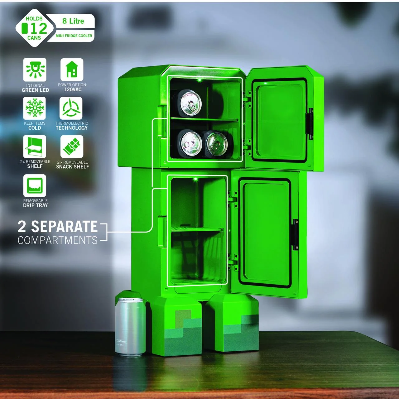 Minecraft Creeper Mini Fridge 2 Door, 8L, Green, 25.2" H 9.5" W 9.1" D - Image 6