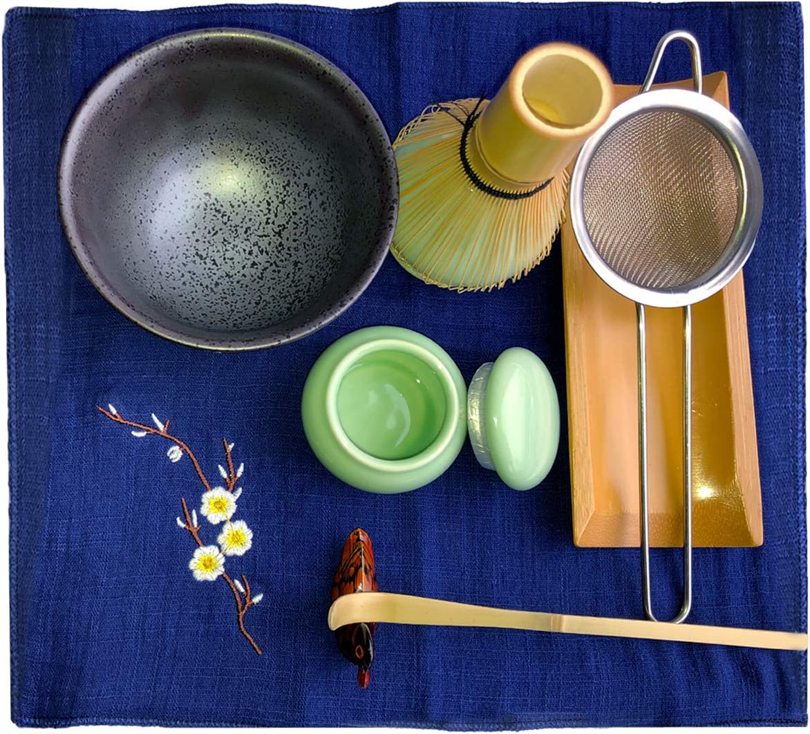 Artcome Traditional Japanese Matcha Tea Set, Matcha Whisk, Traditional Scoop, Matcha Bowl & Caddy, Ceramic Whisk Holder, Handmade Matcha Ceremony Kit (9Pcs)