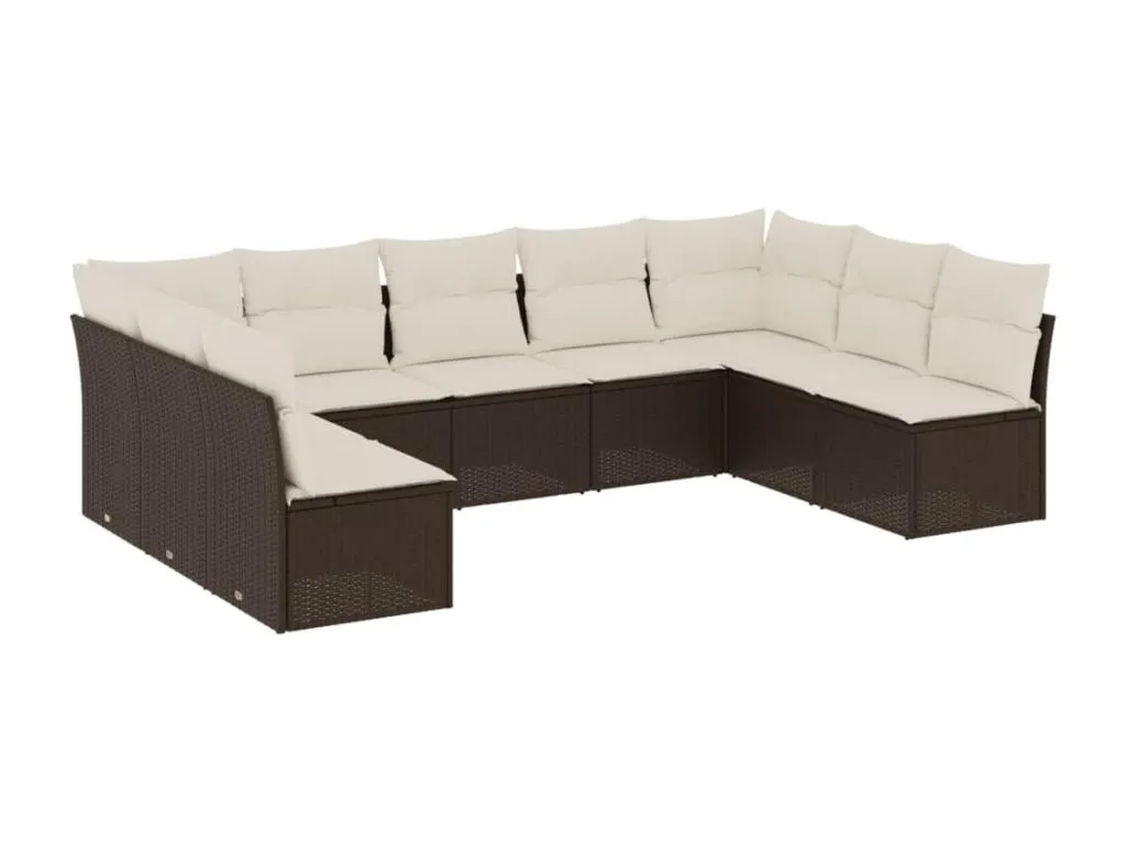 Set de sofás de jardín 9 piezas y cojines ratán sintético marrón