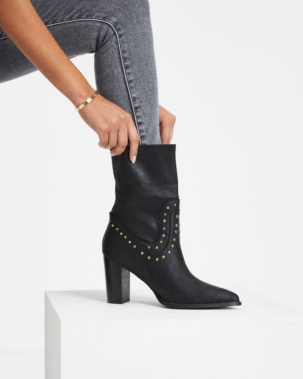 Dina Studded Faux Leather Heeled Boot - Black - Se7enfashion