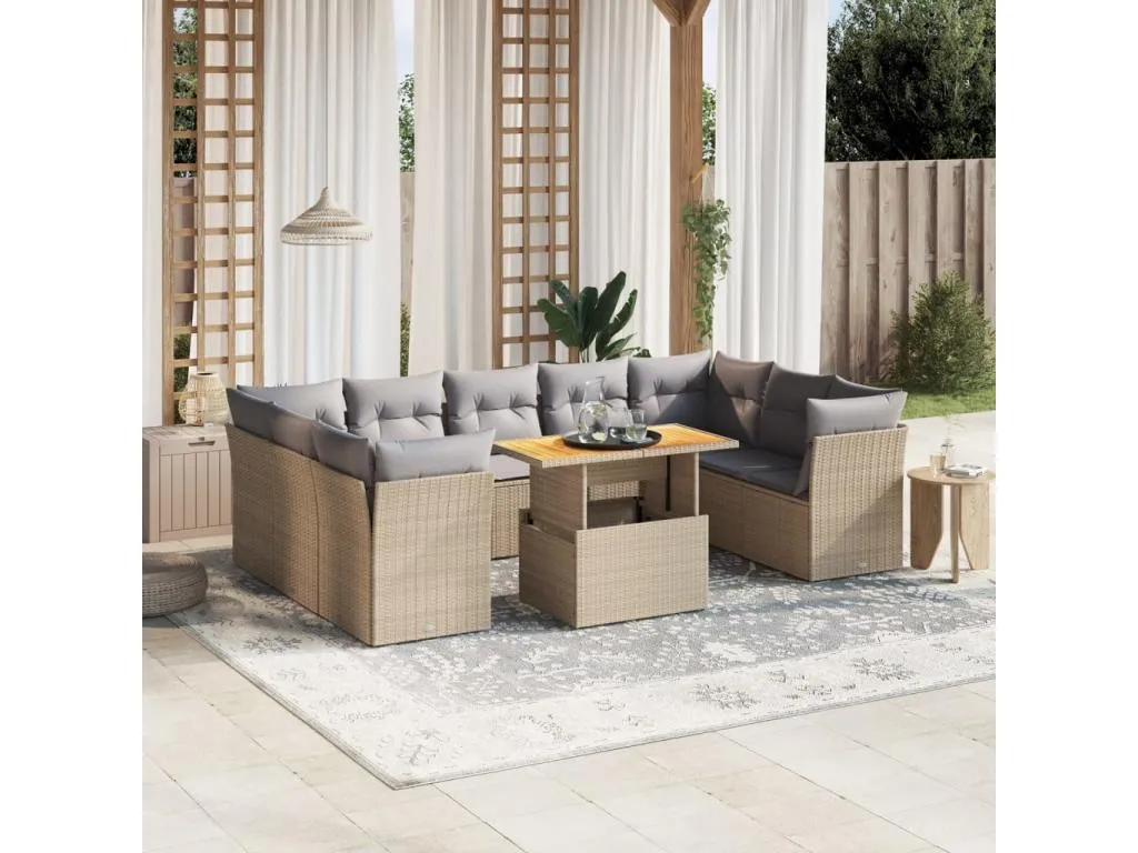 Juego de sofás jardín con cojines beige 10 pzas ratán sintético TKTL61752