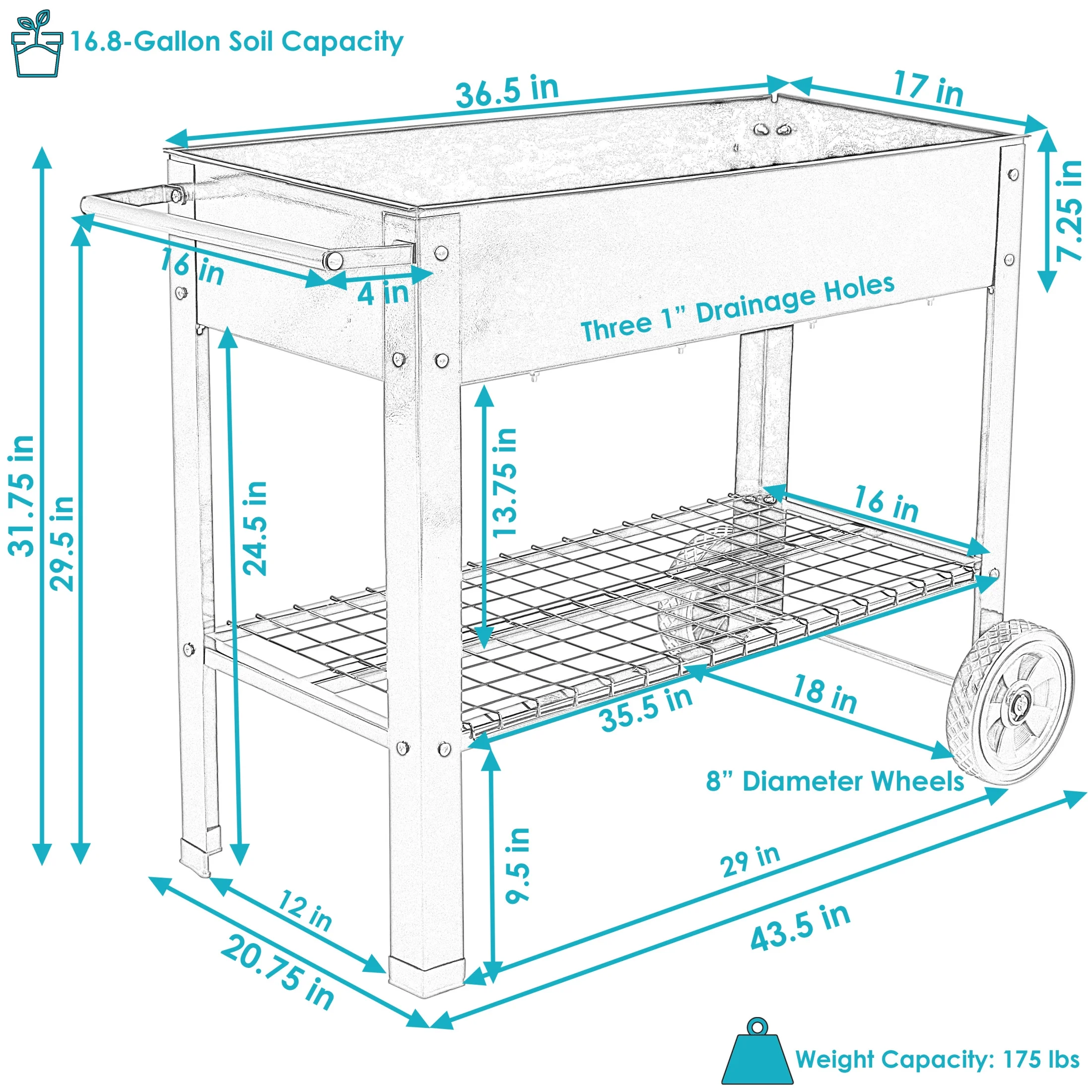 Sunnydaze 43.5" x 20.75" x 31.75" Blue Galvanized Steel Raised Garden Bed Cart with Wheels - image 5