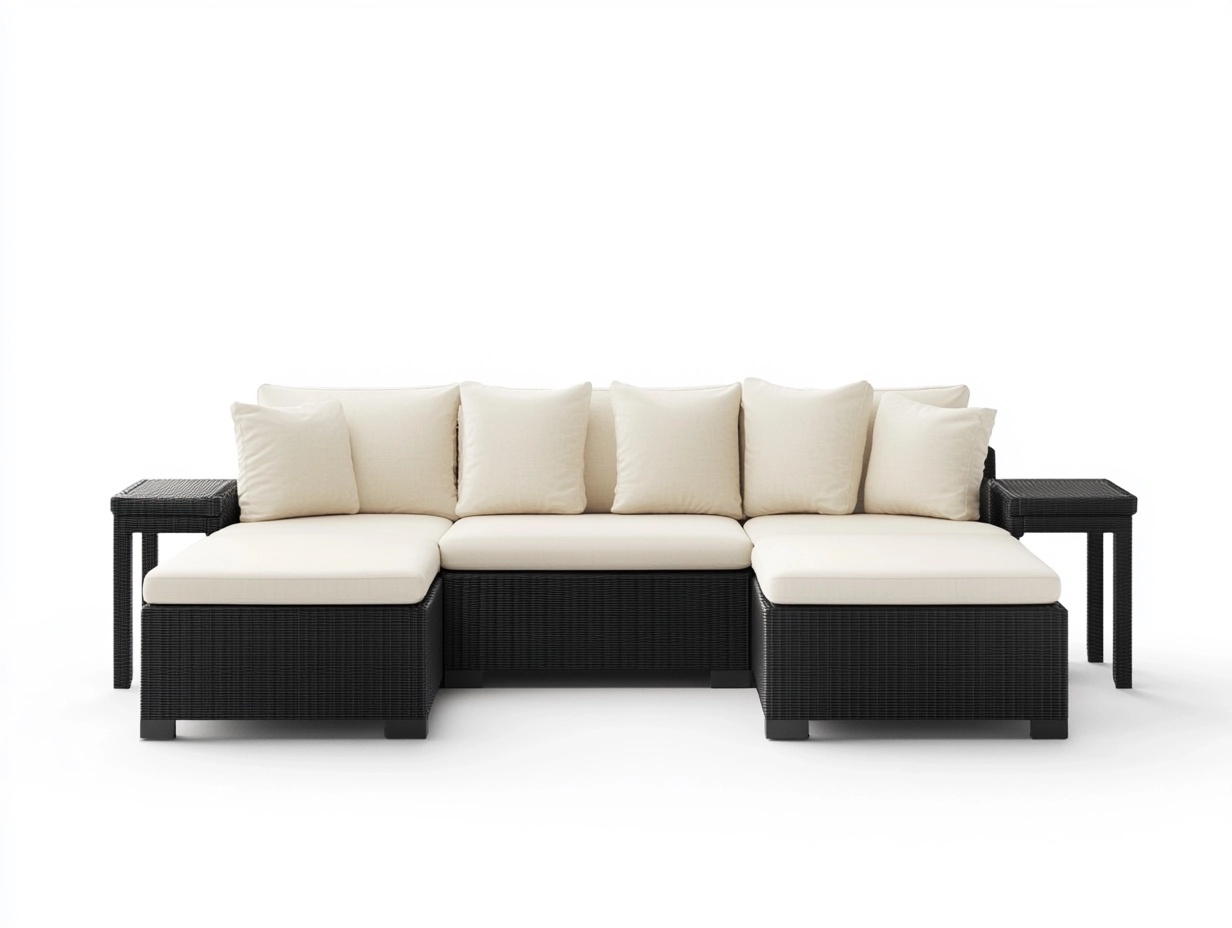 Sofá modular de ratán sintético para exterior de 3 plazas con cojines beige 280x80x70cm ideal para terraza resistente al agua estilo moderno