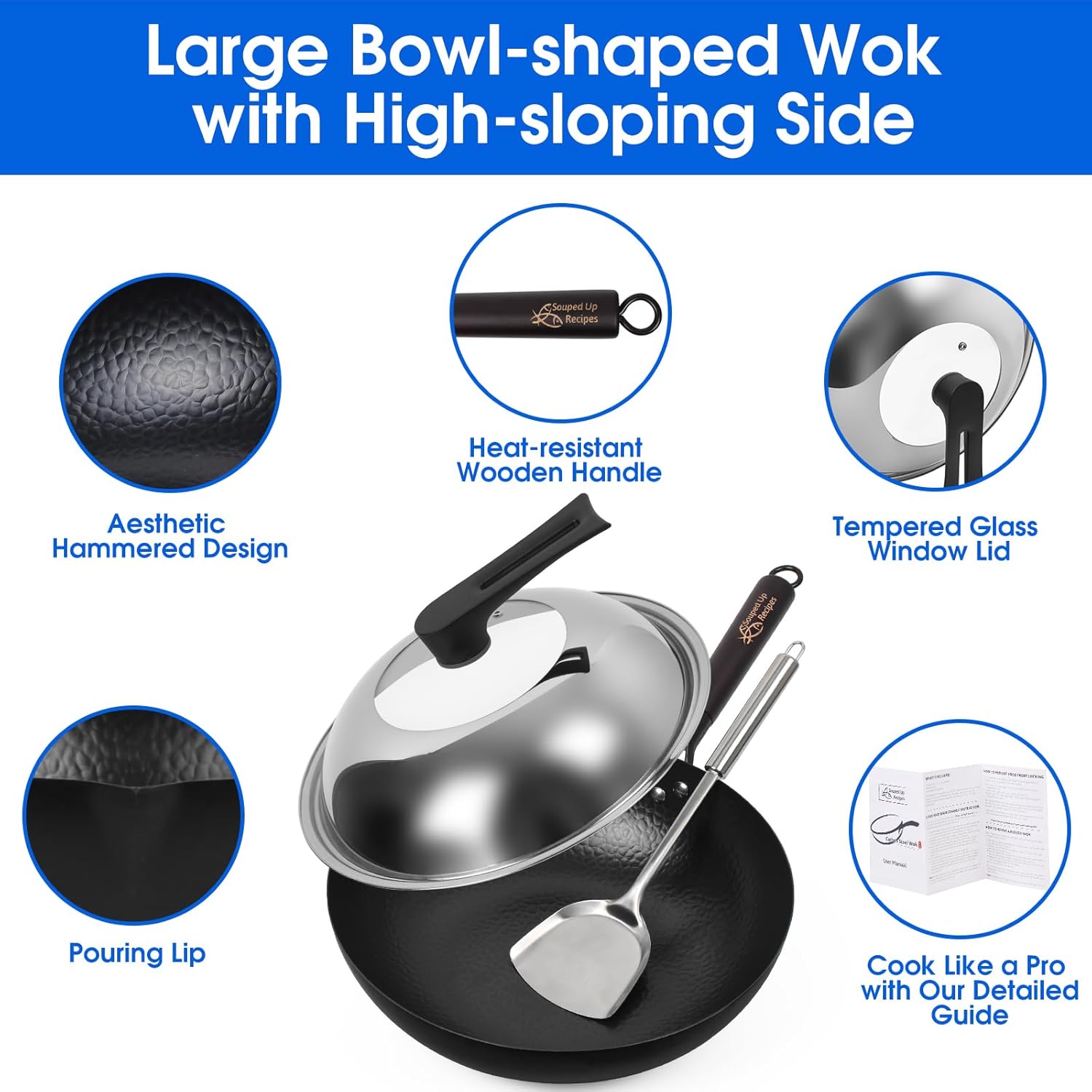 Souped Up Recipes 12.5 Inch Carbon Steel Wok For Electric, Induction and Gas Stoves (Lid, Spatula and User Guide Video Included)