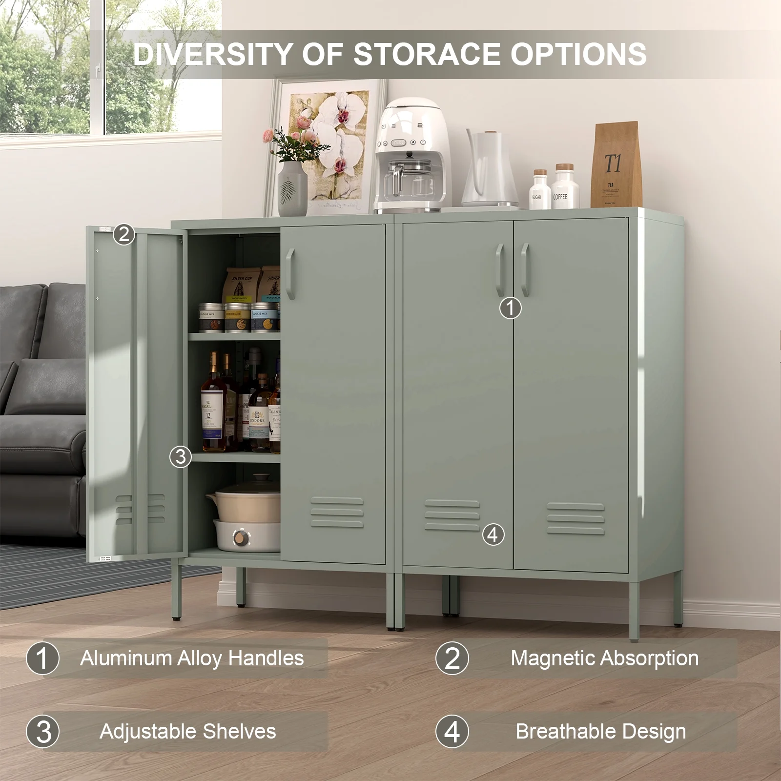 Marcree Green Metal Cabinet,2 Door Accent Cabinet,Metal Locker Cabinet with Legs,Sideboard Cabinet with Adjustable Shelves,Locker Storage Cabinet for Living Room,Entryway - Image 2